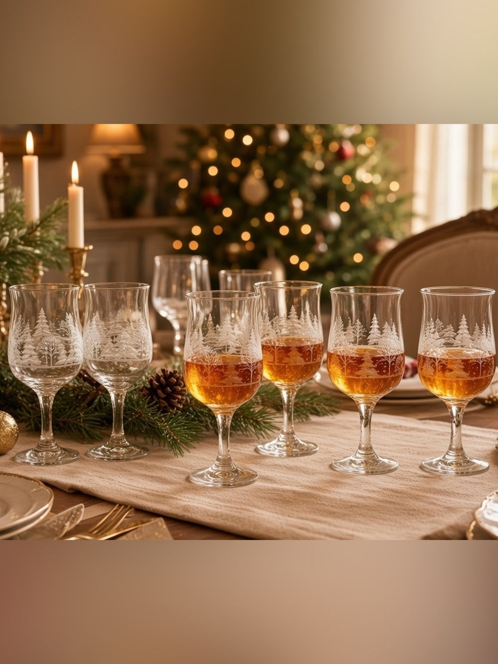 Vtg Arby’s Christmas Frosted Snowy Trees Glasses Wine Goblets Set of 8